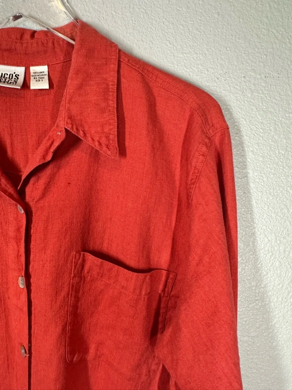 VINTAGE CHICOS Women's 3/XL Orange Red Linen Button Down Boxy Collared Shirt - Picture 2 of 6